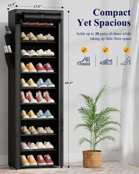Heavy Duty 10 Tier Shoe Rack With Cover saves serious floor space in the entryway or mudroom with 20 pairs.