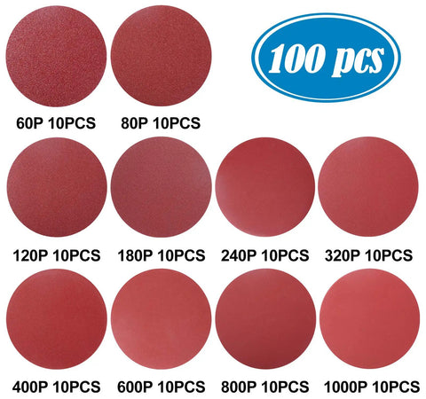 Pro Grade 6 Inch Sanding Discs Set, 100 Pieces With Ten Each Of 60 80 120 180 240 320 400 600 800 1000 Grit, shown in various grits