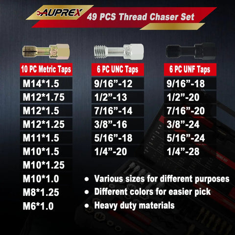 49 Piece Thread Chaser Set With Taps Dies And Thread Files For Re Threading UNC UNF And Metric Threads Pro Grade SAE Thread Repair Kit Includes Carry Case For Automotive Home Mechanic And Industrial Use