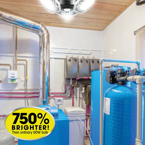 Motion Activated Garage Light With 96 Ultra Bright LEDs, 6000 Lumens, installed in utility room with pipes and tanks showing brightness