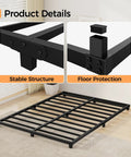 Product details of Rock Solid Full Size Bed Frame With Heavy Duty Steel Slat Support showing stable structure and floor protection.
