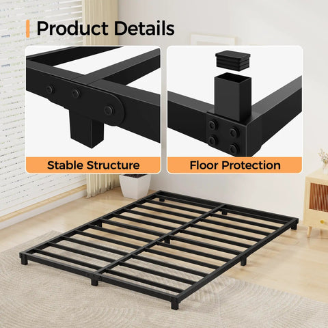 Product details of Rock Solid Full Size Bed Frame With Heavy Duty Steel Slat Support showing stable structure and floor protection.