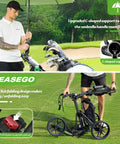 Three Wheel Golf Push Cart Quick Fold Large Platform showing C-shaped umbrella support and one-click folding mechanism.