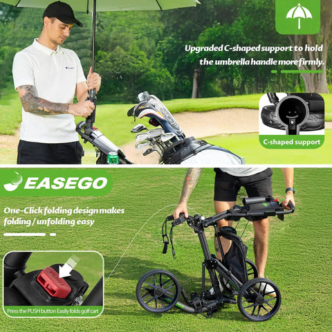Three Wheel Golf Push Cart Quick Fold Large Platform showing C-shaped umbrella support and one-click folding mechanism.
