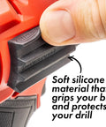 Magnetic Bit Holder For Impact Drivers And Drills, Durable Silicone Sleeve, no loose bits, close-up of thumb gripping sleeve.