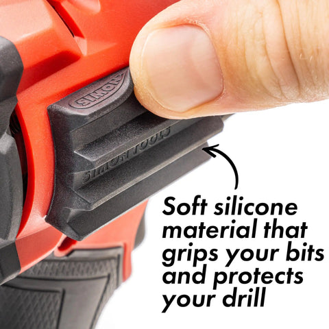 Magnetic Bit Holder For Impact Drivers And Drills, Durable Silicone Sleeve, no loose bits, close-up of thumb gripping sleeve.