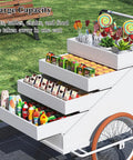 Slick Large Reverse Tricycle Vending Cart With Smooth Pedal Assist Front Loading Frame Four Tier Rollout Rack Sweet Mobile Food Beverage Hustle Rig For Flea Market Gray showing large capacity with four tiers of products.