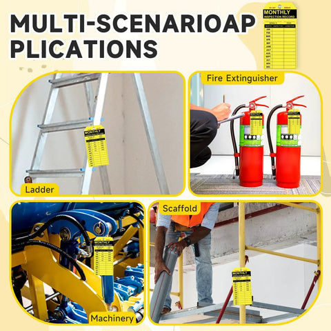Multi-scenario application of 50 Pack PVC Fire Extinguisher Monthly Inspection Tags on ladder, extinguisher, machinery, scaffold