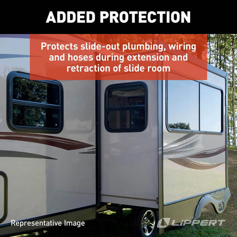 Tough As Nails RV Slide Out Floor Protector Plate installed on a travel trailer with windows, protecting plumbing and wiring.