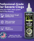 Severe Clog Relief AC Drain Line Cleaner 5X Concentrate with Enzyme Technology 8oz bottle with benefits on purple background