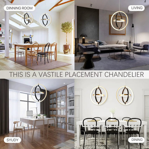 LED Pendant Light Fixture With Black And Gold Rings, Modern Chandelier For Dining Room And Kitchen Island in versatile home settings