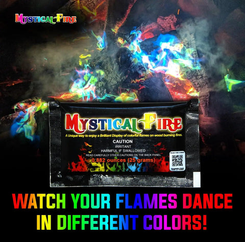Color Changing Fire Packets For Campfires And Fire Pits, 50 Count, Pulsating Blues Greens Purples Reds packet with colorful flames