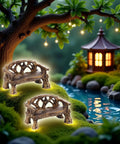 Two Piece Resin Garden Bench Set For Fairy Gardens And Dollhouses, Realistic Fairy Village Furniture Ornaments, Totally Cute Miniature Yard Decor And Dollhouse Accessories displayed by a pond