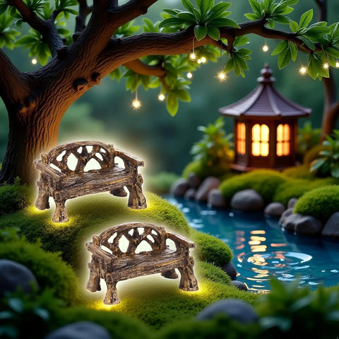 Two Piece Resin Garden Bench Set For Fairy Gardens And Dollhouses, Realistic Fairy Village Furniture Ornaments, Totally Cute Miniature Yard Decor And Dollhouse Accessories displayed by a pond