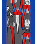 Four Piece Pliers Set With Red And Blue Handles In Foam Tray For Garage Workbench And Tool Cart, Basic V15 Kit, Durable Grab-And-Go Must Have For Quick Grips And Handy Repairs.