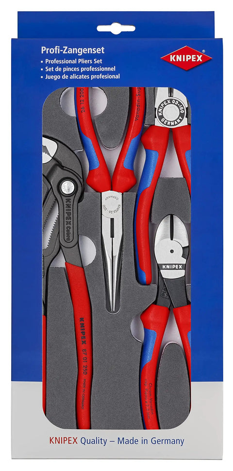 Four Piece Pliers Set With Red And Blue Handles In Foam Tray For Garage Workbench And Tool Cart, Basic V15 Kit, Durable Grab-And-Go Must Have For Quick Grips And Handy Repairs.