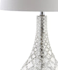Close-up of trellis-pattern glass base of Mercury Silver Glass Table Lamp Set Of 2 With White Linen Shades, 25.5 Inch.