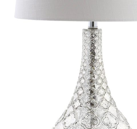 Close-up of trellis-pattern glass base of Mercury Silver Glass Table Lamp Set Of 2 With White Linen Shades, 25.5 Inch.