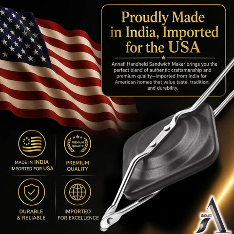 AnNafi Cast Iron Sandwich Maker Stove Top Grill Press Non Stick Hand Toaster Pan, black aluminum, imported from India, shown with American flag.