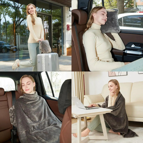 2 In Go Everywhere Travel Blanket Pillow Micro Plush Flannel Cozy Compact For Airplane And Car Office And Home Use Ultra Soft Sleep Pillow For Travel Essentials Gray in various usage scenarios