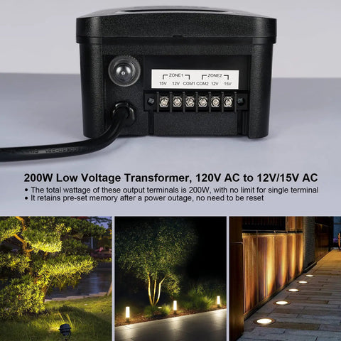 Smart 200W Low Voltage Landscape Transformer With 2.4GHz WiFi Schedule And Timer Alexa And Google Assistant Compatible Independent Zone Control 120V AC To 12V Or 15V Output For Garden And Path Lighting