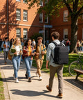 Student with a Carry-On Friendly Hiking Backpack With Expandable Capacity Opens Flat For Easy Packing walking on campus