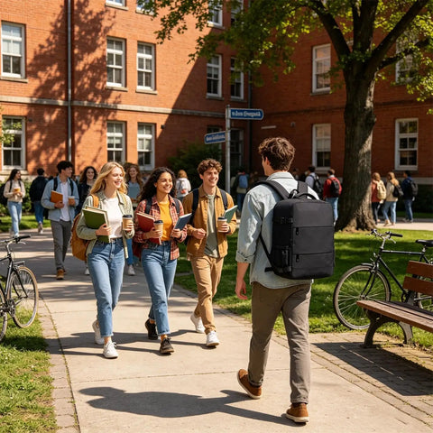Student with a Carry-On Friendly Hiking Backpack With Expandable Capacity Opens Flat For Easy Packing walking on campus