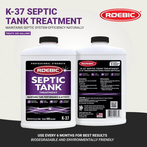 Front and back view of K-37 Septic Tank Treatment bottles, 32 oz each. Septic Tank Treatment With Environmentally Friendly Bacteria Enzymes That Break Down Solids, Clear Clogs And Odors, Safe For Toilets, 32 Fluid Ounces, Lasts Up To A Year, Keeps Your Tank Running Smoothly.