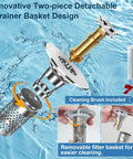 Built To Last Pop Up Bathroom Sink Stopper With Removable Strainer Filter Hair Catcher Solid Brass Drain Assembly No Sweat Replacement For Home Vanities Two Pack, showcasing a detachable strainer and cleaning brush.