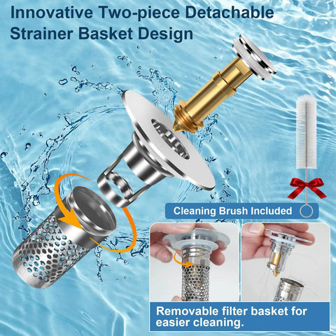 Built To Last Pop Up Bathroom Sink Stopper With Removable Strainer Filter Hair Catcher Solid Brass Drain Assembly No Sweat Replacement For Home Vanities Two Pack, showcasing a detachable strainer and cleaning brush.