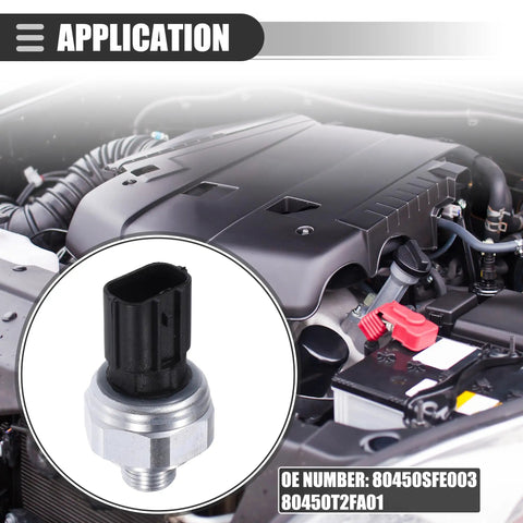 AC Pressure Transducer Valve With Sensor Switch For Honda Accord Civic Clarity CR V Fit HR V Insight 2005 To 2021 Metal Black Direct Fit Part Nos 80450SFE003 And 80450T2FA01 shown in engine application close-up