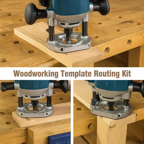 8 Piece Router Template Guide Bushing Kit With Dovetail And Hinge Jigs For Smooth Woodworking Edge Trimming Compatible With Bosch Models Giving You Zero Sweat Precision Daily on wood surface.