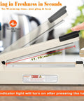 12 Inch Manual Heat Sealer With Eight Adjustable Heating Levels Handy Portable Poly Bag Sealer For Plastic PE PP Bags Easy To Use With Extra Replacement Kit Ivory Finish with open arm showing 11.75 inch sealing width.