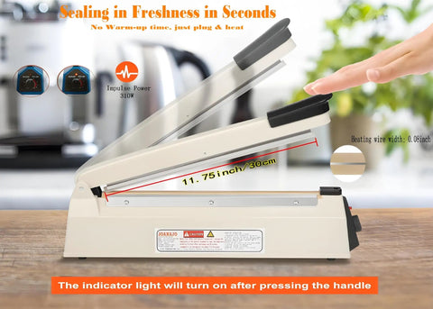 12 Inch Manual Heat Sealer With Eight Adjustable Heating Levels Handy Portable Poly Bag Sealer For Plastic PE PP Bags Easy To Use With Extra Replacement Kit Ivory Finish with open arm showing 11.75 inch sealing width.