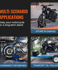 Heavy Duty Motorcycle Wheel Chock With 1800 Lb Capacity Durable Steel Front Tire Bracket Three Adjustable Holes Fits 15 To 21 Inch Wheels Works With Off Road And Street Bikes shown in garage, repair, and trailer use scenarios.