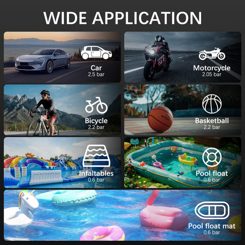Wide application of All In One Portable Tire Inflator And Jump Starter Kit for cars, motorcycles, bicycles, basketballs, inflatables, and pool floats.