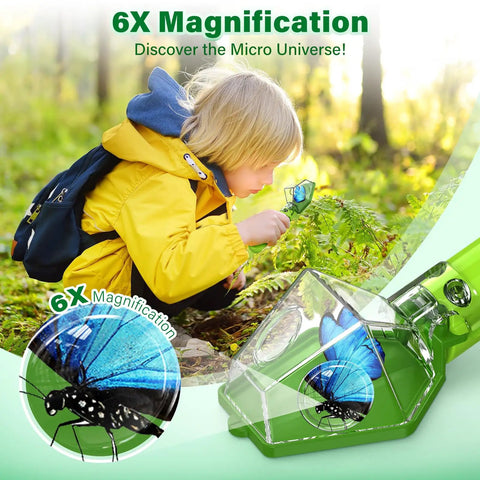 Child using Bug Hunter Kit With 6X Magnifier Glass For Indoor Outdoor STEM Exploration Kids Friendly Bug Catcher Tool Green