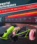 Kids 24V Electric Go Kart With Dual 300W Motors, 9Ah Battery, 8 MPH, green kart on racing track illustration