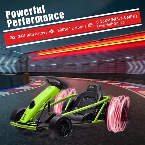 Kids 24V Electric Go Kart With Dual 300W Motors, 9Ah Battery, 8 MPH, green kart on racing track illustration