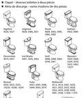 Diagram of various two-piece toilets compatible with Blue GP85160 Flapper With Float 2 Inch Toilet Flapper Replacement