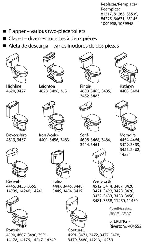 Diagram of various two-piece toilets compatible with Blue GP85160 Flapper With Float 2 Inch Toilet Flapper Replacement