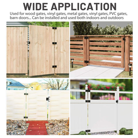 Pro Grade Self Closing Gate Hardware Kit With Heavy Duty Hinges And Latch for Wooden Vinyl PVC Fence Gates installed views