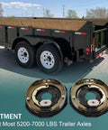 Side view of a black dual-axle trailer with two 12x2 inch electric trailer brake assemblies; close-up of the assemblies.