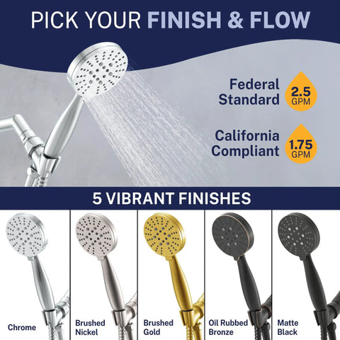 Solid Metal 3 Spray Handheld Shower Head With Long Hose And Holder Chrome Finish 2.5 GPM shown in 5 finishes.