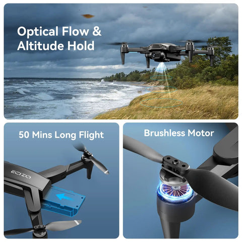 4K GPS Drone With Camera For Adults And Beginners Auto Return Home Brushless Motors Follow Me 5G FPV Transmission Smart RC Quadcopter Under 250G shown flying over coastal landscape with brushless motor close-up.
