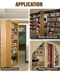Beefy Pivot Hinge Kit With 200 Lb Capacity for secret bookcase and hidden shelf doors showing application in home settings