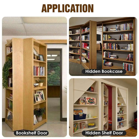 Beefy Pivot Hinge Kit With 200 Lb Capacity for secret bookcase and hidden shelf doors showing application in home settings