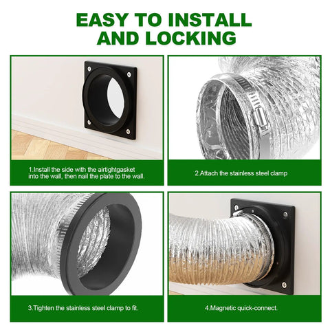 Magnetic Dryer Vent Connector Kit With Quick Connect And Self Aligning Magnets, showing installation steps and airtight seal.