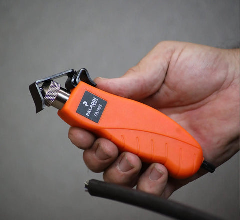 Person holding orange Round Cable Stripper Tool for Precise Jacket Removal, Adjustable Slitter Fits 4.5 to 25 mm Cables
