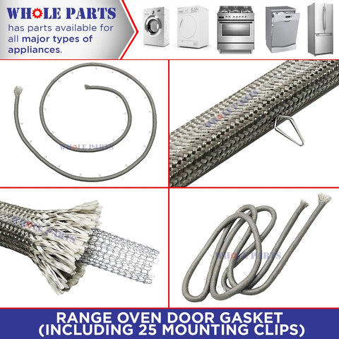 Upgraded Whole Range Oven Door Gasket With 25 Mounting Clips Replacement WB04T10050 shown with detailed texture and clips